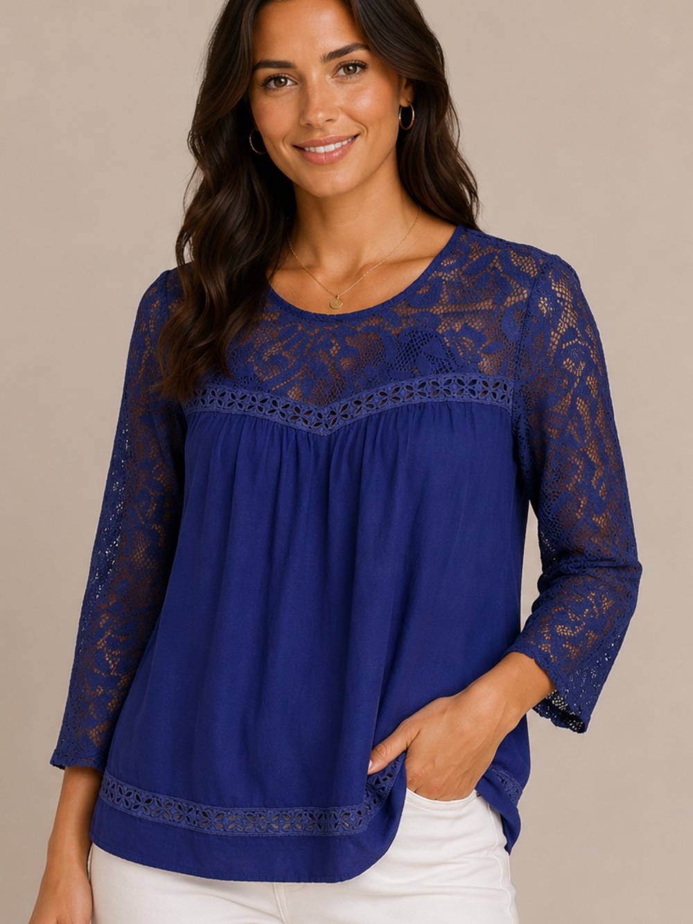 Wendy Bellissimo royal blue lace yoke blouse